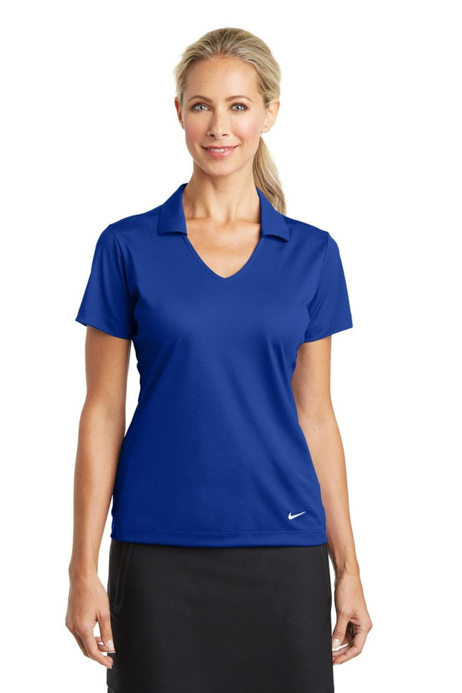 A blue Nike ladies Dri-FIT vertical mesh polo shirt featuring a collar and short sleeves. It has a logo. A blue Nike ladies Dri-FIT vertical mesh polo shirt featuring a collar and short sleeves. It has a logo.