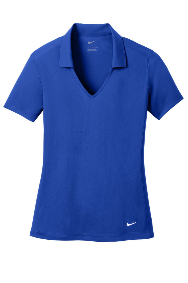 A blue Nike Ladies Dri-FIT Vertical Mesh Polo shirt with a V-neck and short sleeves, featuring a logo. A blue Nike Ladies Dri-FIT Vertical Mesh Polo shirt with a V-neck and short sleeves, featuring a logo.