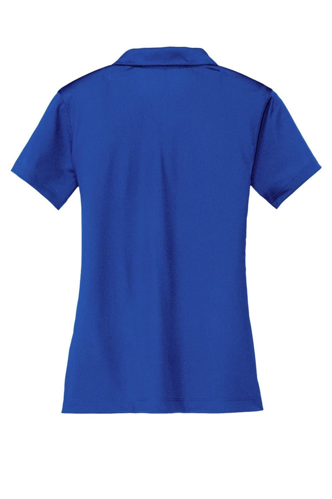 A blue Nike ladies' Dri-FIT vertical mesh polo shirt with a collar and short sleeves. It features a logo. A blue Nike ladies' Dri-FIT vertical mesh polo shirt with a collar and short sleeves. It features a logo.