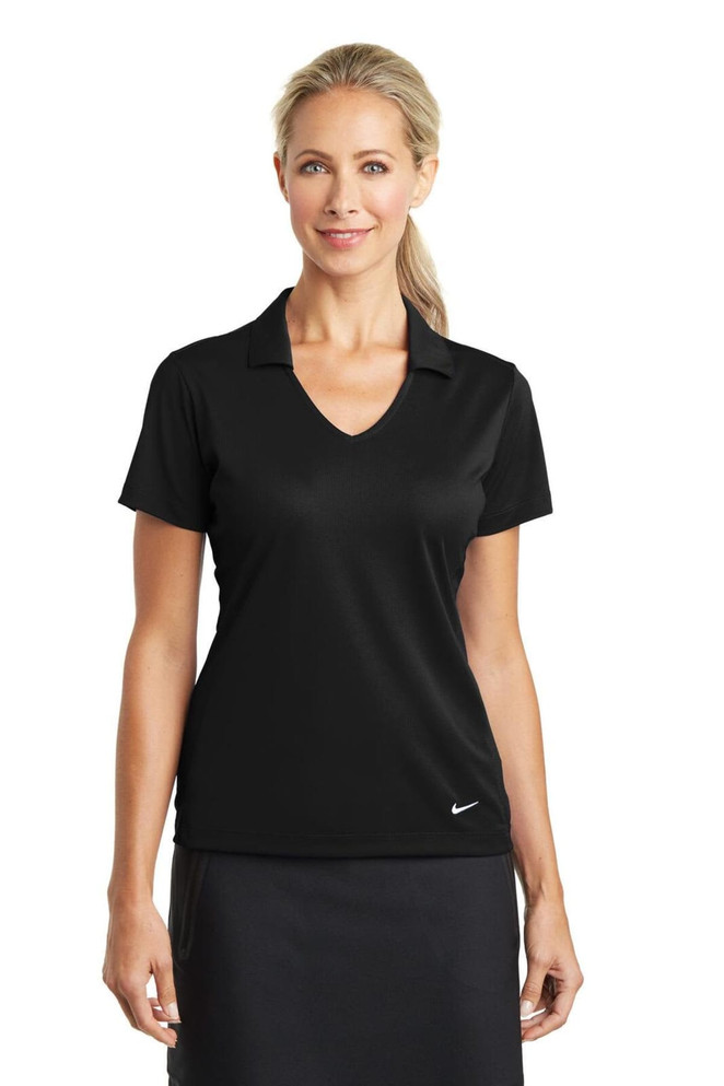 A black Nike ladies Dri-FIT vertical mesh polo shirt with a V-neck and short sleeves, featuring a logo. A black Nike ladies Dri-FIT vertical mesh polo shirt with a V-neck and short sleeves, featuring a logo.