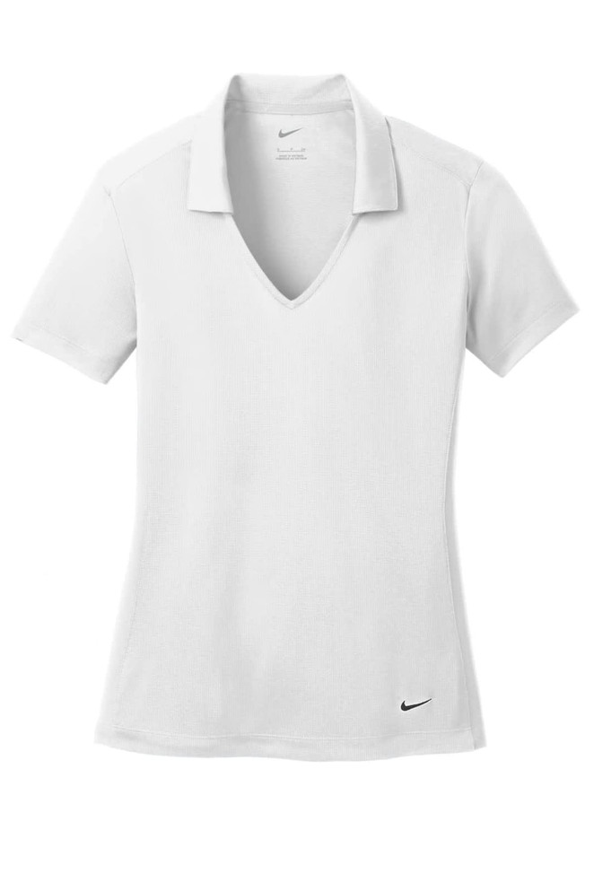 A white Nike Dri-FIT vertical mesh polo shirt with a v-neck and a small logo. A white Nike Dri-FIT vertical mesh polo shirt with a v-neck and a small logo.