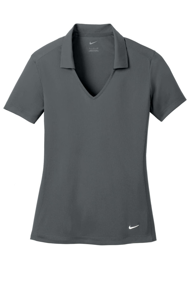 A grey Nike Ladies Dri-FIT Vertical Mesh Polo shirt with a V-neck and a logo on the front. A grey Nike Ladies Dri-FIT Vertical Mesh Polo shirt with a V-neck and a logo on the front.