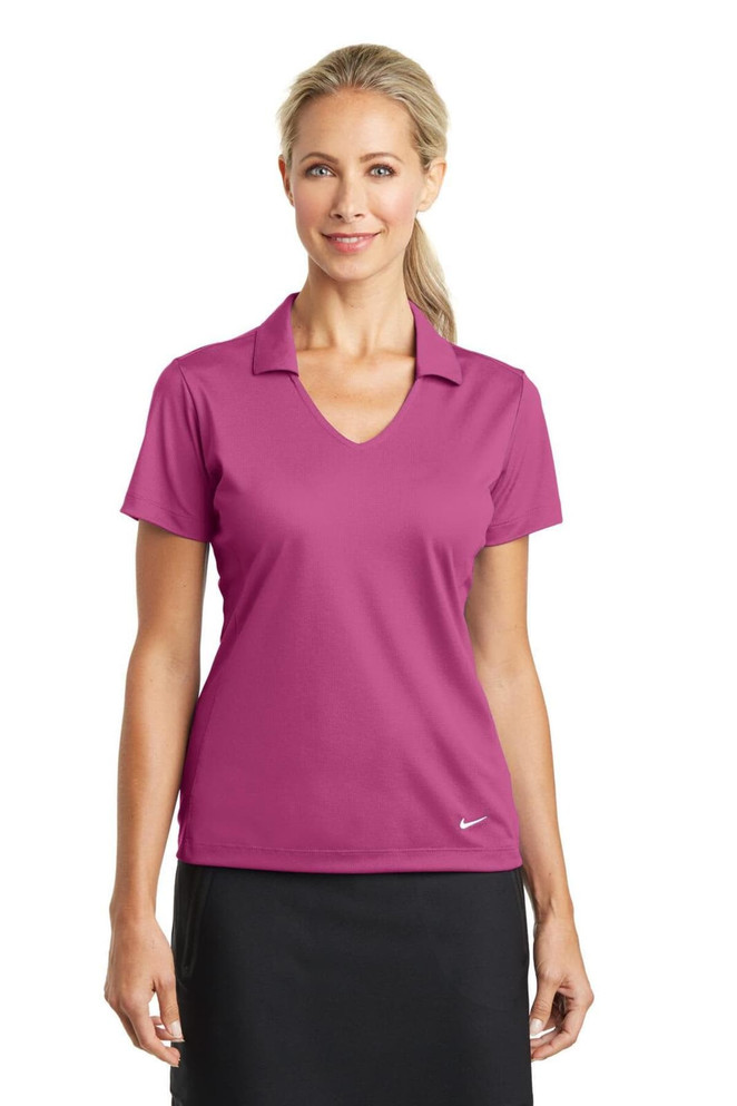 A ladies' polo shirt in vibrant pink with a v-neck and short sleeves, featuring a logo on the chest. A ladies' polo shirt in vibrant pink with a v-neck and short sleeves, featuring a logo on the chest.