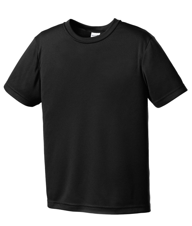 A black youth t-shirt with short sleeves and a simple design, featuring a logo on the front. A black youth t-shirt with short sleeves and a simple design, featuring a logo on the front.