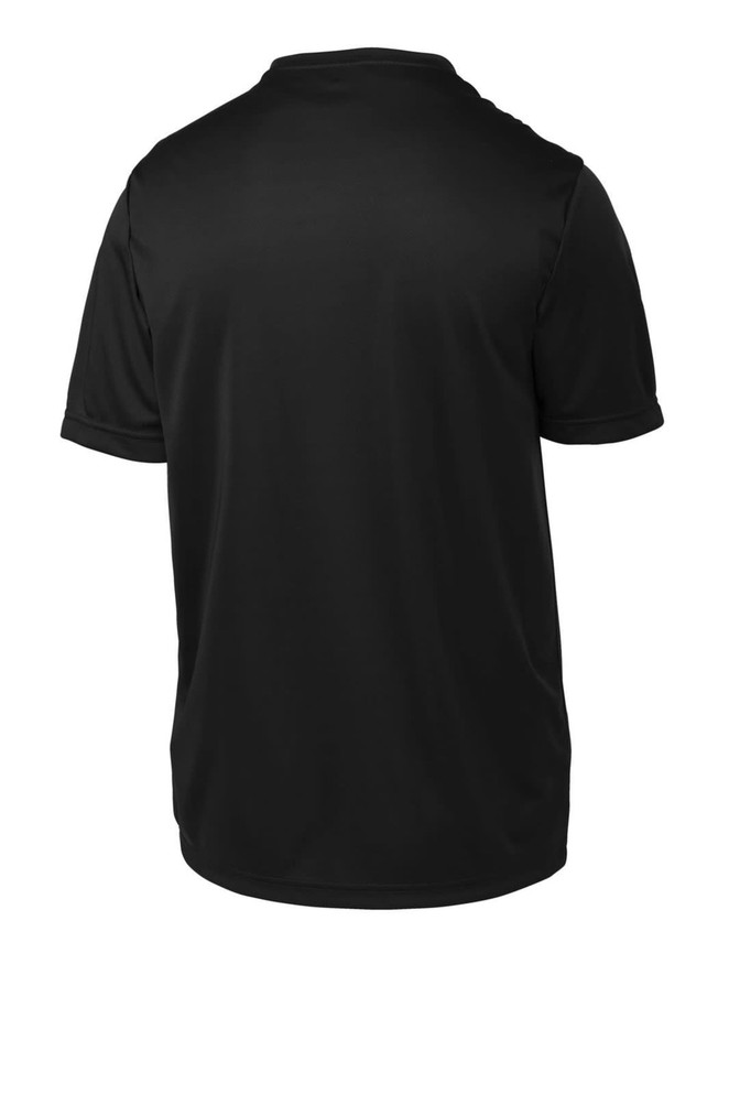 A black Sport-Tek Youth PosiCharge Competitor Tee with a simple design and short sleeves. The shirt has a logo. A black Sport-Tek Youth PosiCharge Competitor Tee with a simple design and short sleeves. The shirt has a logo.