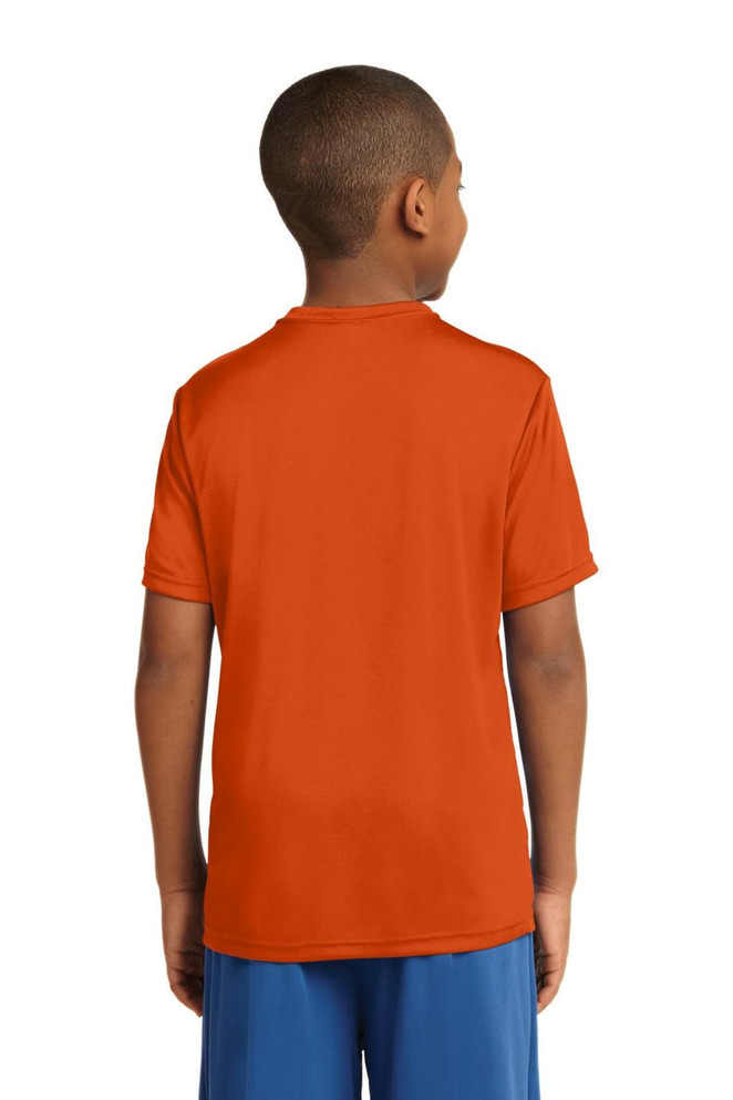 An orange youth t-shirt displayed from the back, featuring a simple design and short sleeves. An orange youth t-shirt displayed from the back, featuring a simple design and short sleeves.