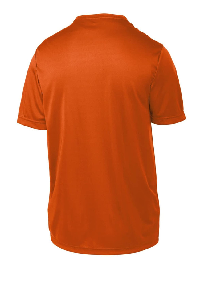 An orange youth t-shirt with a smooth finish and short sleeves, featuring a logo on the back. An orange youth t-shirt with a smooth finish and short sleeves, featuring a logo on the back.