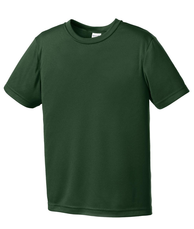 A green short-sleeved youth t-shirt with a plain design and a logo on the neckline. A green short-sleeved youth t-shirt with a plain design and a logo on the neckline.
