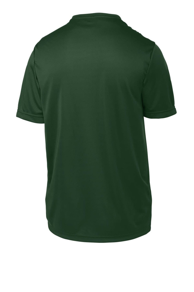 A dark green youth t-shirt featuring short sleeves and a smooth back design. It has a logo on the fabric. A dark green youth t-shirt featuring short sleeves and a smooth back design. It has a logo on the fabric.