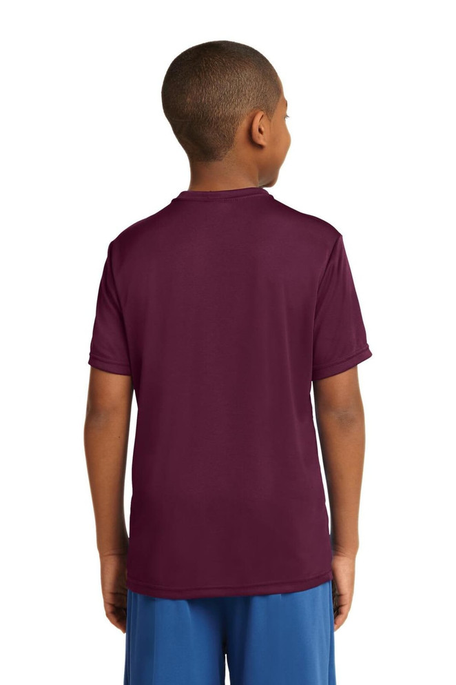 A youth t-shirt in maroon colour displayed from the back, featuring a logo on the upper back. A youth t-shirt in maroon colour displayed from the back, featuring a logo on the upper back.