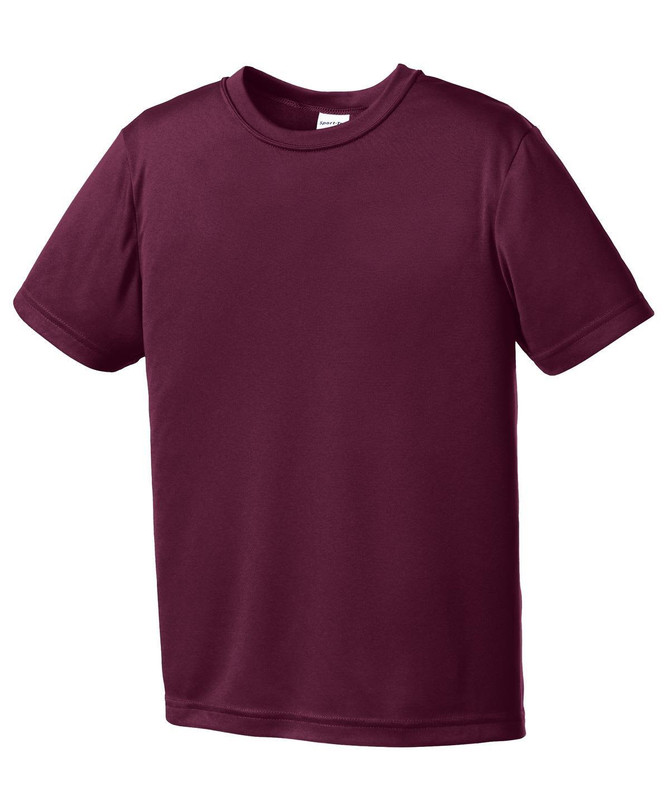 A maroon youth t-shirt featuring a crew neckline and short sleeves, with a logo on the front. A maroon youth t-shirt featuring a crew neckline and short sleeves, with a logo on the front.