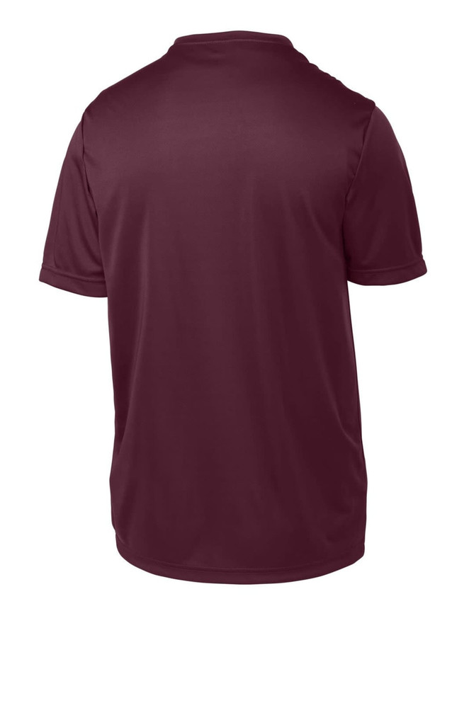 A maroon youth T-shirt with short sleeves and a smooth fabric finish, featuring a branding logo. A maroon youth T-shirt with short sleeves and a smooth fabric finish, featuring a branding logo.