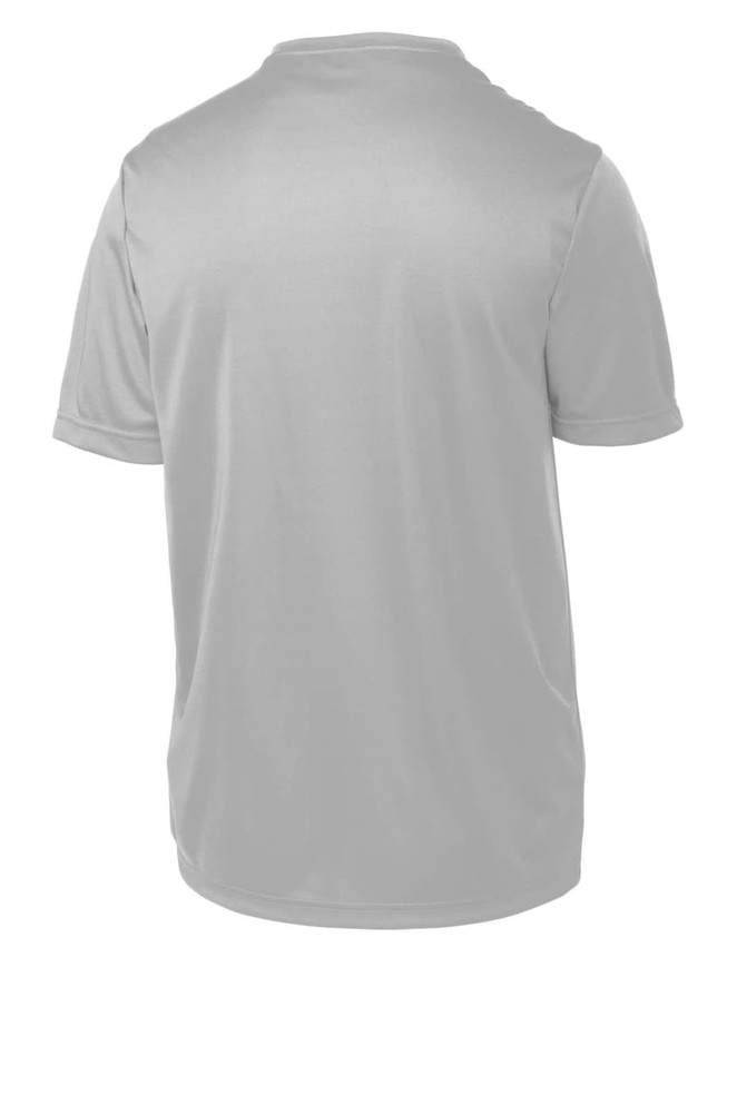 A light grey youth t-shirt with short sleeves, featuring a logo on the back. Made of moisture-wicking fabric. A light grey youth t-shirt with short sleeves, featuring a logo on the back. Made of moisture-wicking fabric.
