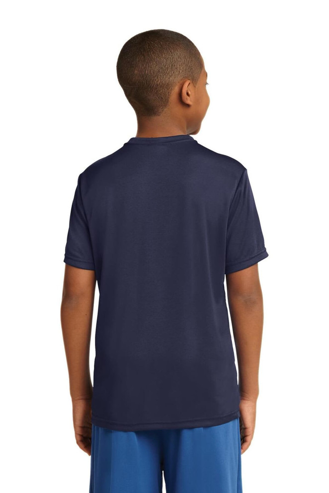 A navy blue youth t-shirt with a crew neckline and short sleeves, featuring a logo on the back. A navy blue youth t-shirt with a crew neckline and short sleeves, featuring a logo on the back.