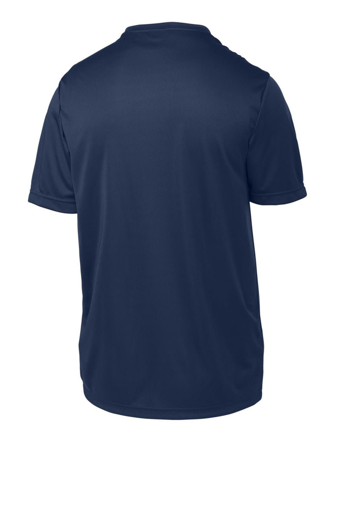 A navy blue youth t-shirt with a short sleeve design. The back view features a smooth, plain fabric. A navy blue youth t-shirt with a short sleeve design. The back view features a smooth, plain fabric.
