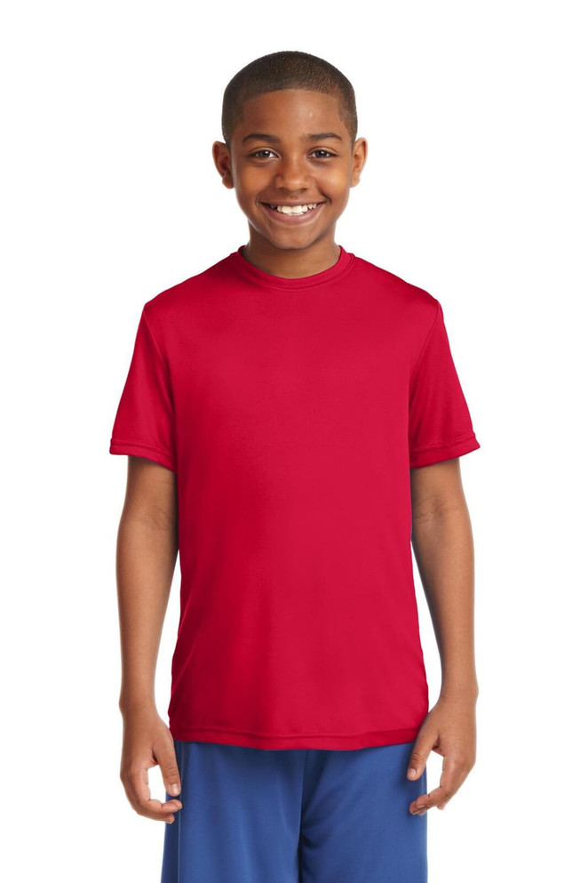 A red youth t-shirt with short sleeves, featuring a logo on the chest. A red youth t-shirt with short sleeves, featuring a logo on the chest.
