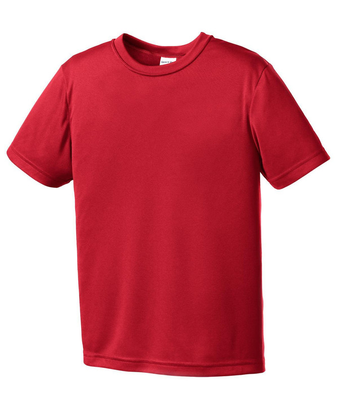 A red youth t-shirt featuring short sleeves and a simple design, with a logo on the front. A red youth t-shirt featuring short sleeves and a simple design, with a logo on the front.
