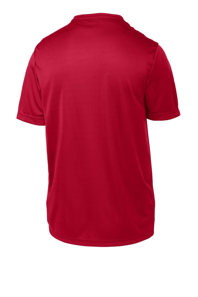 A red youth T-shirt featuring a back design and a logo. Made from lightweight fabric. A red youth T-shirt featuring a back design and a logo. Made from lightweight fabric.