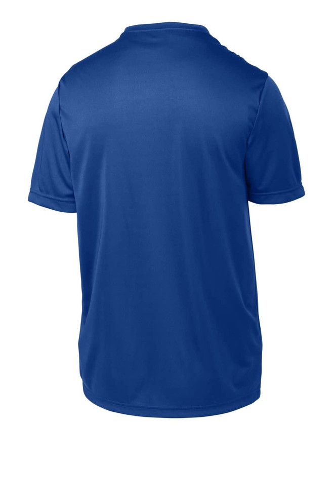 A blue youth T-shirt with short sleeves and a smooth fabric texture, featuring a logo on the back. A blue youth T-shirt with short sleeves and a smooth fabric texture, featuring a logo on the back.