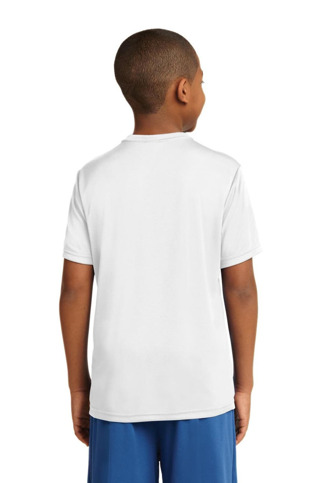 A white youth t-shirt with a plain back, part of the Sport-Tek PosiCharge Competitor Tee range. A white youth t-shirt with a plain back, part of the Sport-Tek PosiCharge Competitor Tee range.