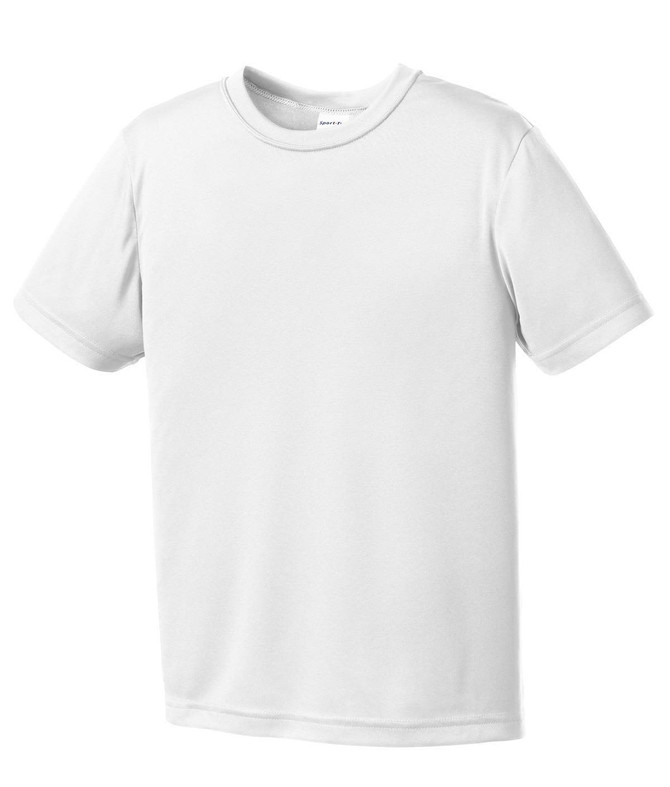 A white short-sleeved youth t-shirt with a logo, made from a lightweight material. A white short-sleeved youth t-shirt with a logo, made from a lightweight material.