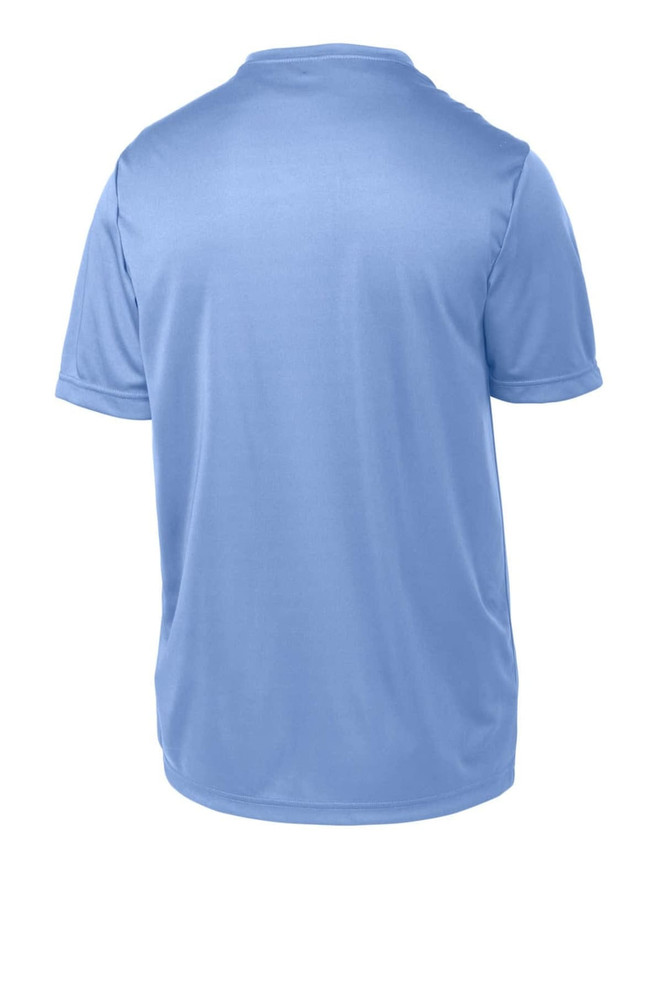 A light blue youth t-shirt featuring a smooth fabric and a logo. The back view displays a simple design. A light blue youth t-shirt featuring a smooth fabric and a logo. The back view displays a simple design.