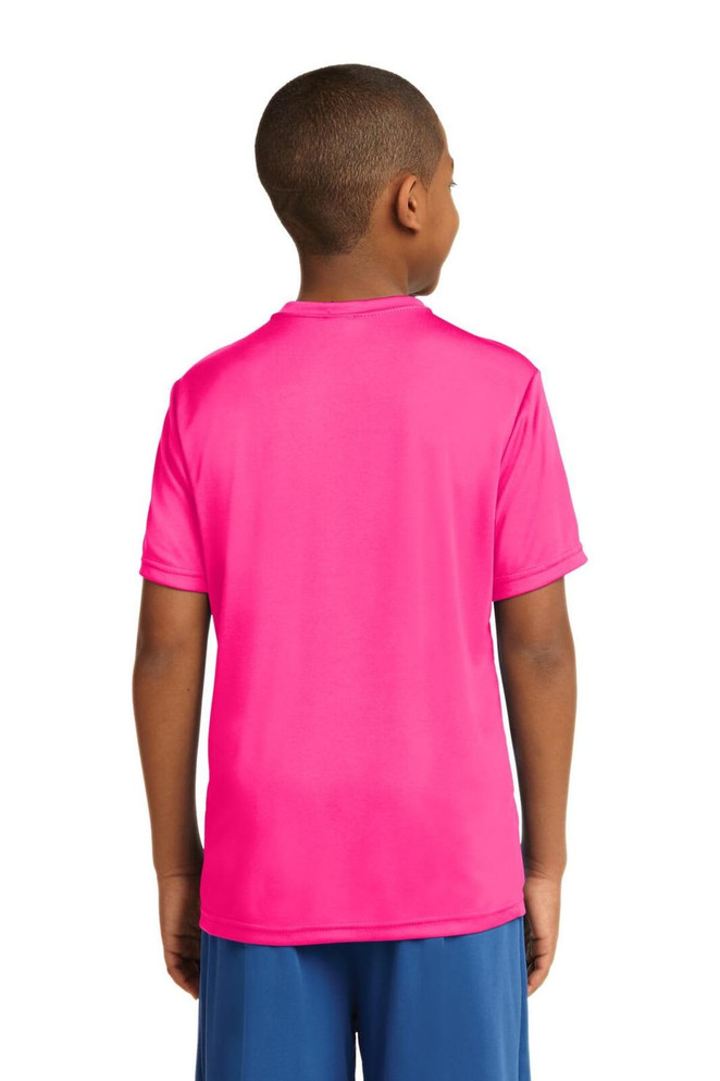 A bright pink youth t-shirt with a sporty design, featuring a logo on the back. A bright pink youth t-shirt with a sporty design, featuring a logo on the back.