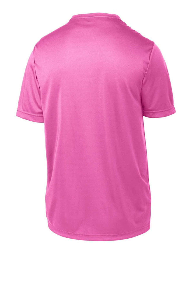 A bright pink youth t-shirt with a smooth finish, featuring a logo on the back. A bright pink youth t-shirt with a smooth finish, featuring a logo on the back.