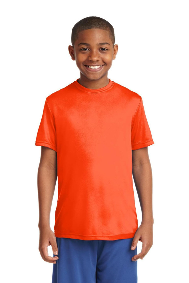 An orange youth T-shirt with short sleeves, featuring a logo, displayed on a smiling boy. An orange youth T-shirt with short sleeves, featuring a logo, displayed on a smiling boy.