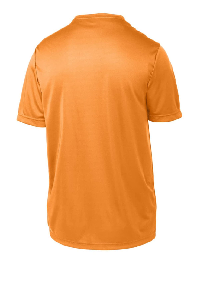 An orange youth T-shirt with a smooth finish, featuring a logo on the back. An orange youth T-shirt with a smooth finish, featuring a logo on the back.