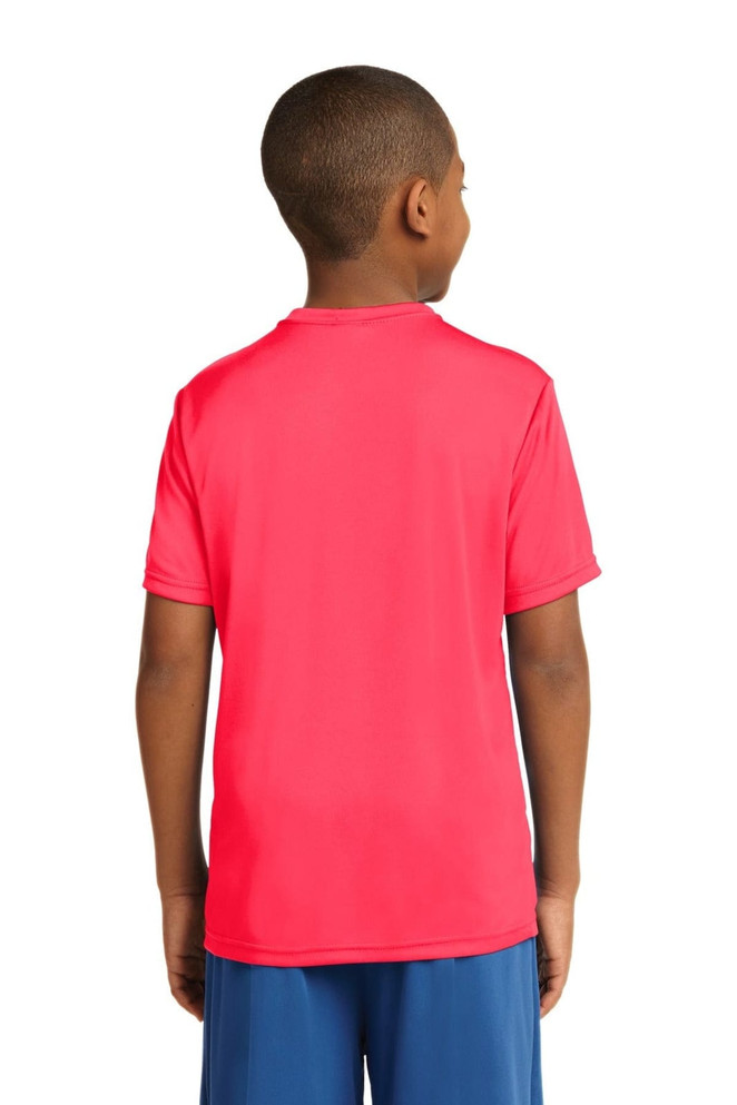 A youth short-sleeve T-shirt in vibrant pink, featuring a smooth fabric and a back view. A youth short-sleeve T-shirt in vibrant pink, featuring a smooth fabric and a back view.