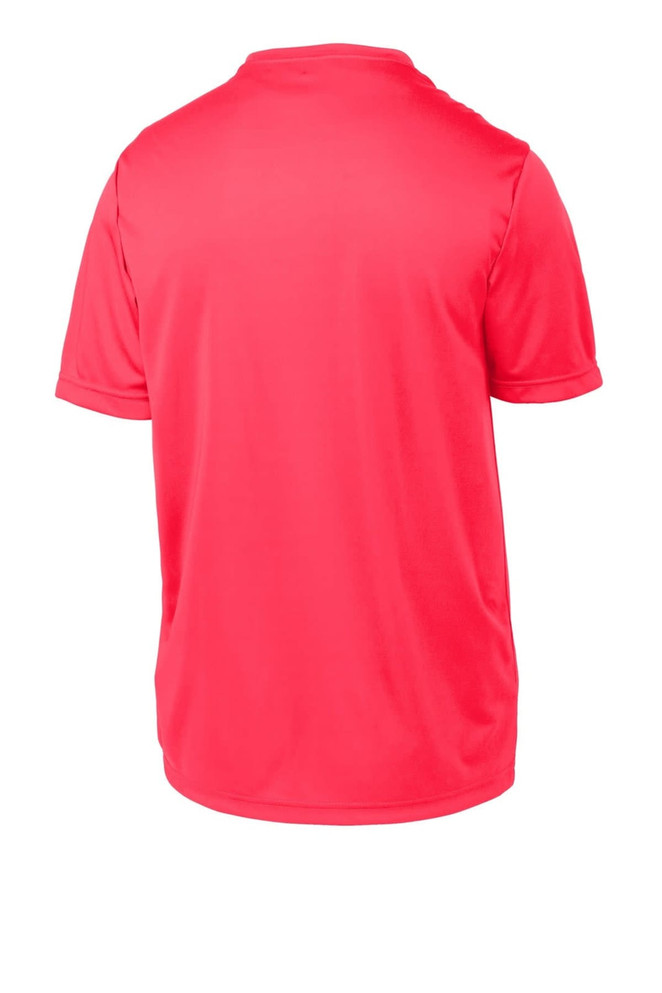 A bright pink youth t-shirt with a smooth fabric texture and a simple design, featuring a logo on the back. A bright pink youth t-shirt with a smooth fabric texture and a simple design, featuring a logo on the back.