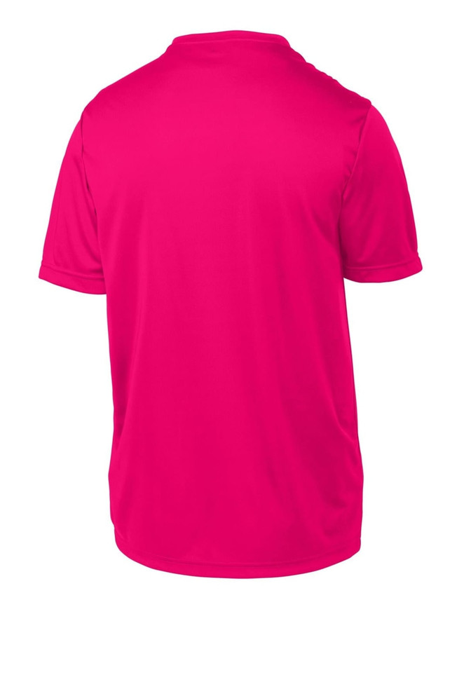A vibrant pink Sport-Tek Youth PosiCharge Competitor Tee, featuring a back view without any visible logos. A vibrant pink Sport-Tek Youth PosiCharge Competitor Tee, featuring a back view without any visible logos.