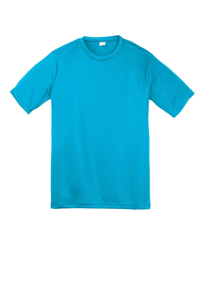 A bright teal youth t-shirt with short sleeves and a crew neck, featuring a branding logo. A bright teal youth t-shirt with short sleeves and a crew neck, featuring a branding logo.