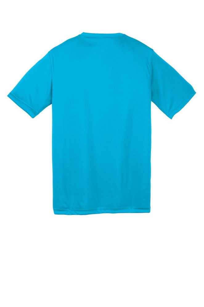 A turquoise youth t-shirt with short sleeves and a plain back. It features a brand logo. A turquoise youth t-shirt with short sleeves and a plain back. It features a brand logo.
