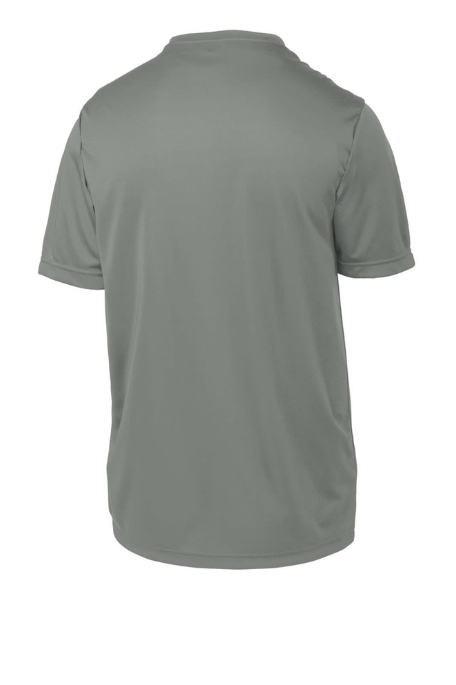 A youth T-shirt in a muted grey tone, featuring short sleeves and a smooth back. It includes branding. A youth T-shirt in a muted grey tone, featuring short sleeves and a smooth back. It includes branding.