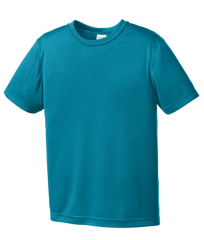 A turquoise youth T-shirt made from PosiCharge fabric, featuring a simple design and a logo. A turquoise youth T-shirt made from PosiCharge fabric, featuring a simple design and a logo.