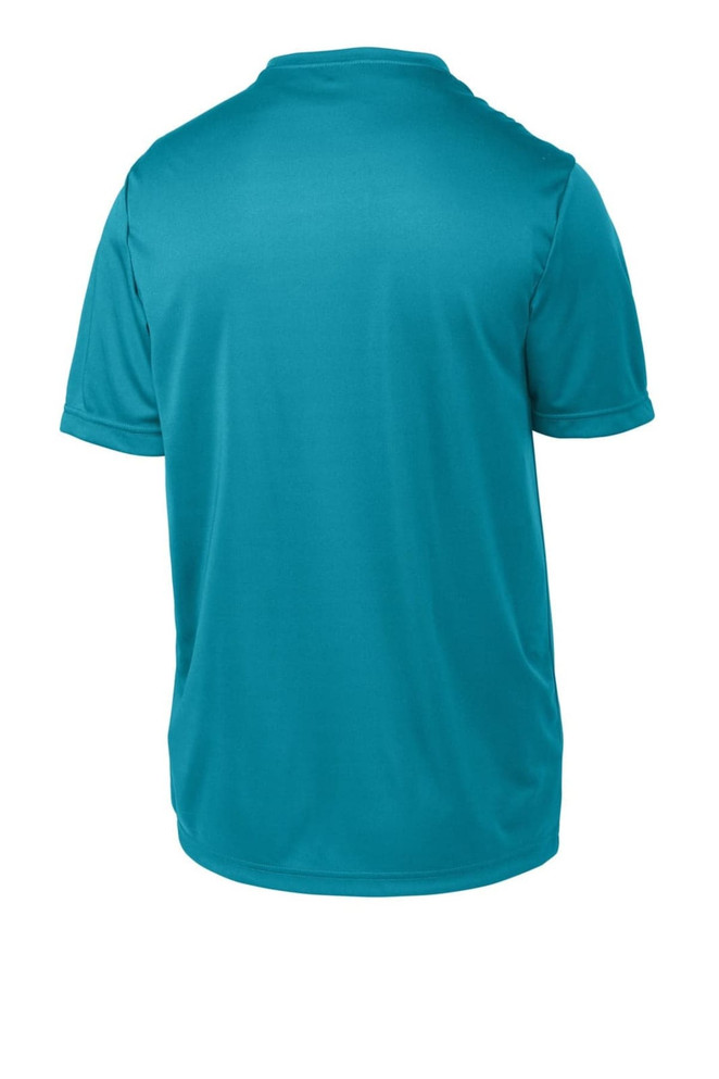 A turquoise youth t-shirt featuring a smooth finish and short sleeves, with a logo on the back. A turquoise youth t-shirt featuring a smooth finish and short sleeves, with a logo on the back.