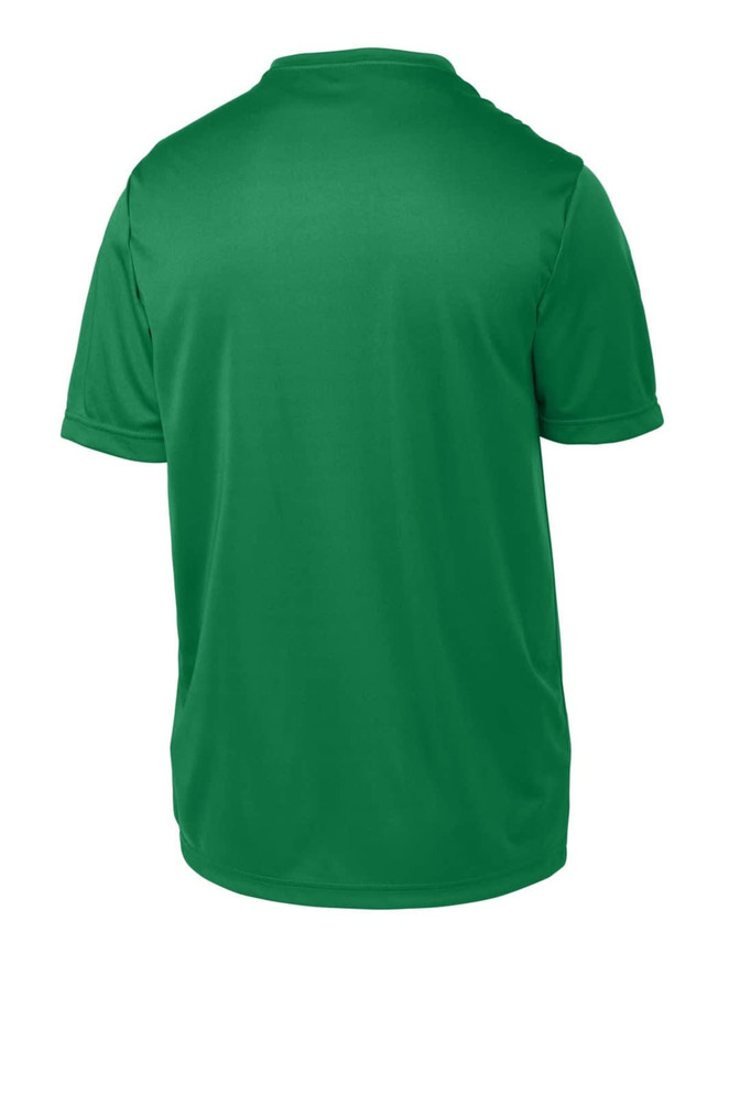 A green youth t-shirt featuring a smooth back design and short sleeves, with a logo. A green youth t-shirt featuring a smooth back design and short sleeves, with a logo.