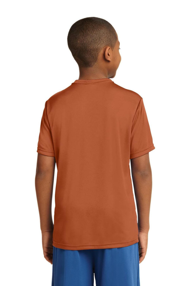 A youth t-shirt in rust orange, featuring a simple design and a logo on the back, worn by a child. A youth t-shirt in rust orange, featuring a simple design and a logo on the back, worn by a child.