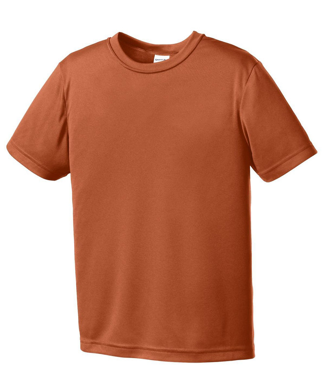 A brown youth t-shirt with short sleeves, featuring a logo on the front. A brown youth t-shirt with short sleeves, featuring a logo on the front.