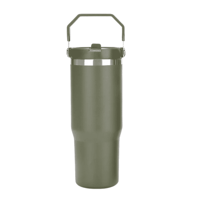 A drink bottle in olive green with a silver band and a handle for easy carrying. It features a logo.