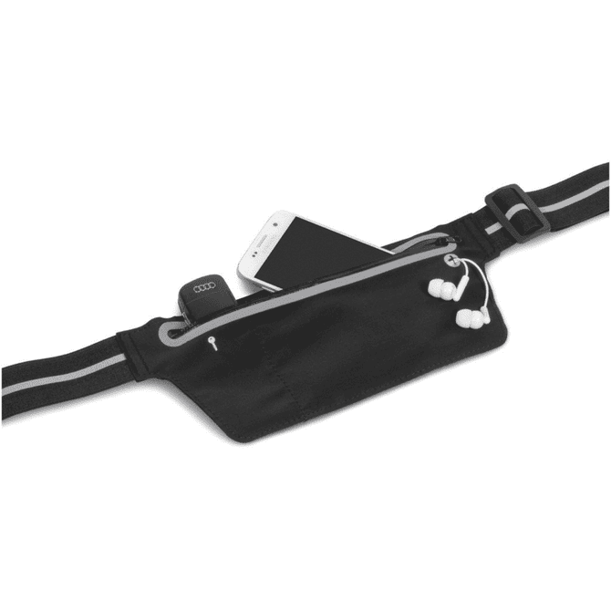 A black running pouch with a zippered pocket, containing a smartphone and earphones. It features reflective stripes and a logo. A black running pouch with a zippered pocket, containing a smartphone and earphones. It features reflective stripes and a logo.