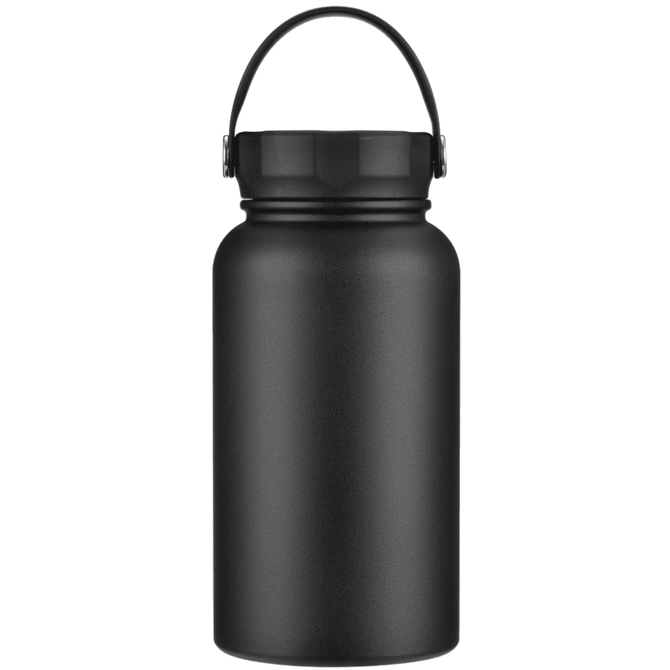 A drink bottle in matte black with a carry handle and a screw-on lid. It features a logo on the side.