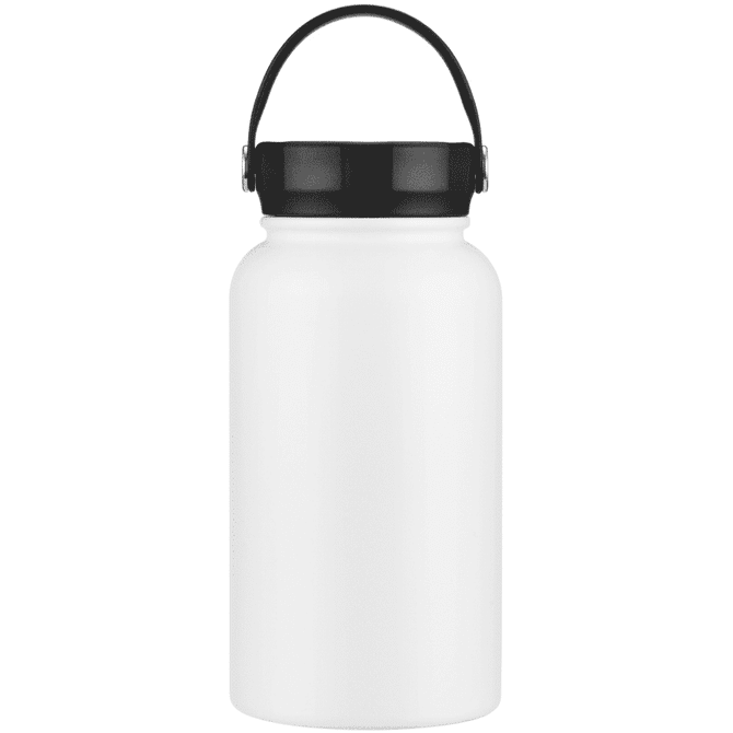 A drink bottle in white with a black lid and carry handle. It features a logo on the body.