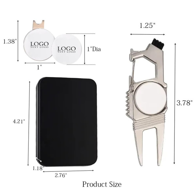 A divot tool and ball marker gift set in silver and black, including a tool, two markers, and a storage case.