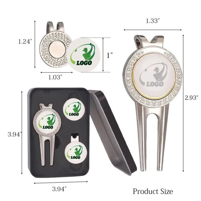 A golf divot tool and ball markers gift set in silver, featuring a logo and a black packaging case.