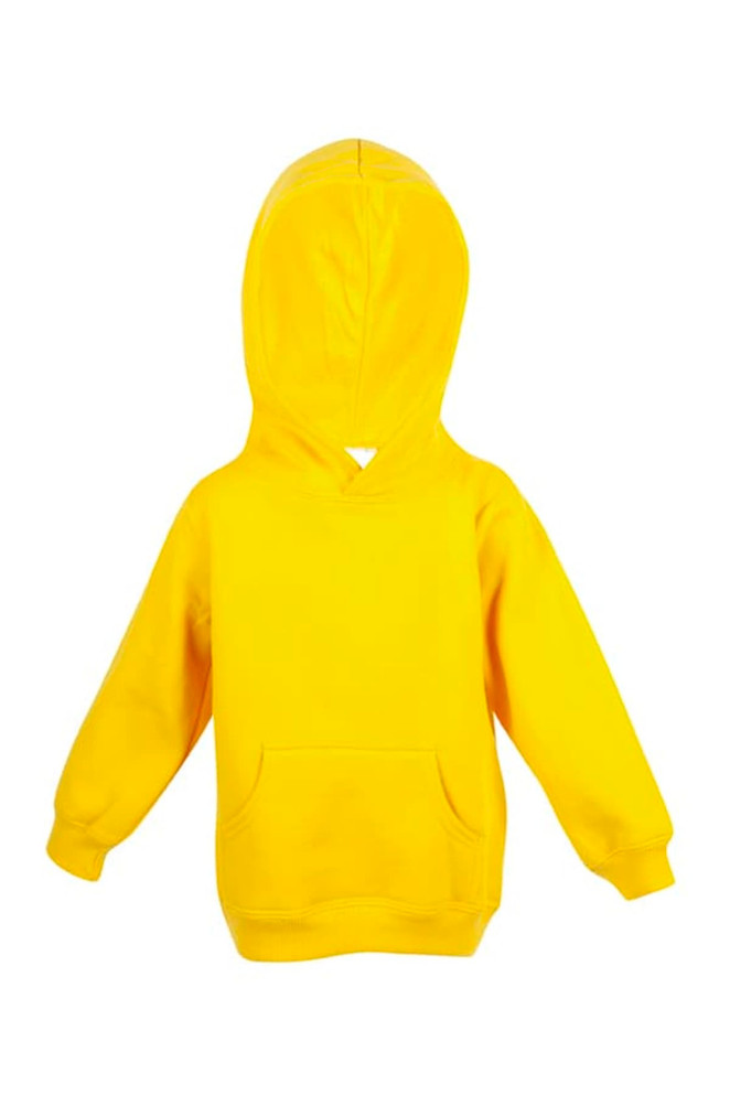 A bright yellow baby fleece hoodie with a front pocket and hood. The hoodie has a simple design and no visible branding.