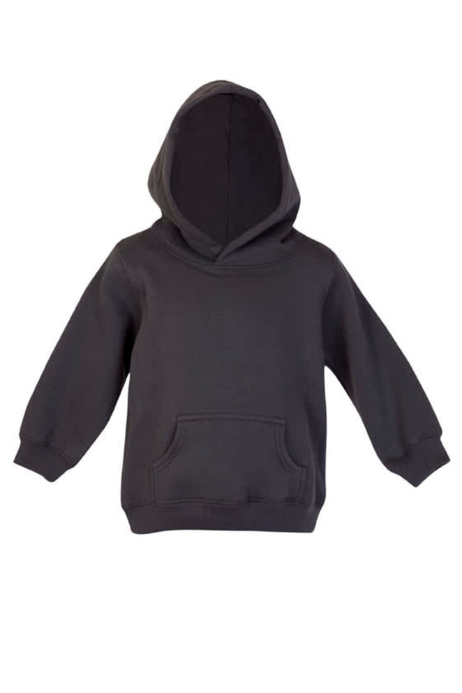 A baby fleece hoodie in dark grey with a front pocket and a large hood. It features long sleeves and a plain design.