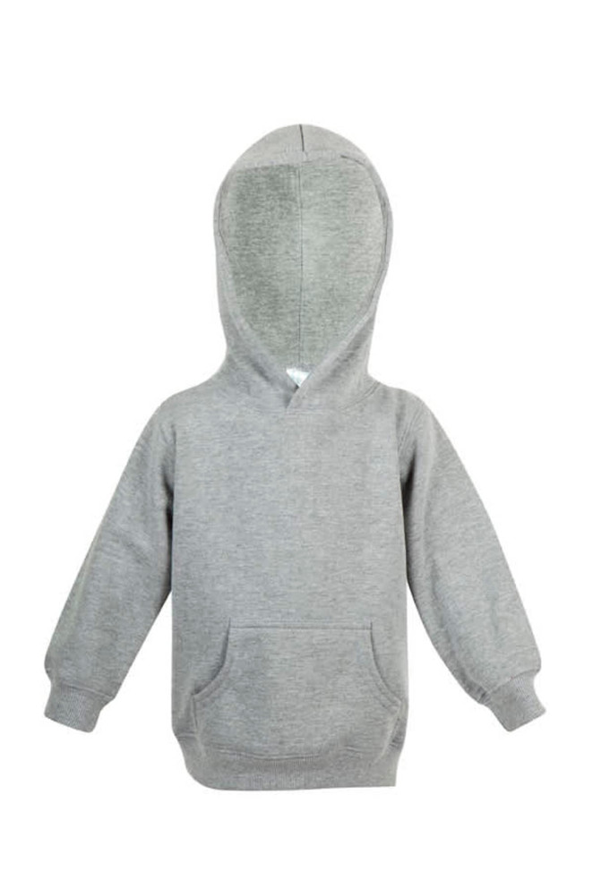 A grey baby fleece hoodie with long sleeves and a front pocket, featuring a hood and no visible logos.